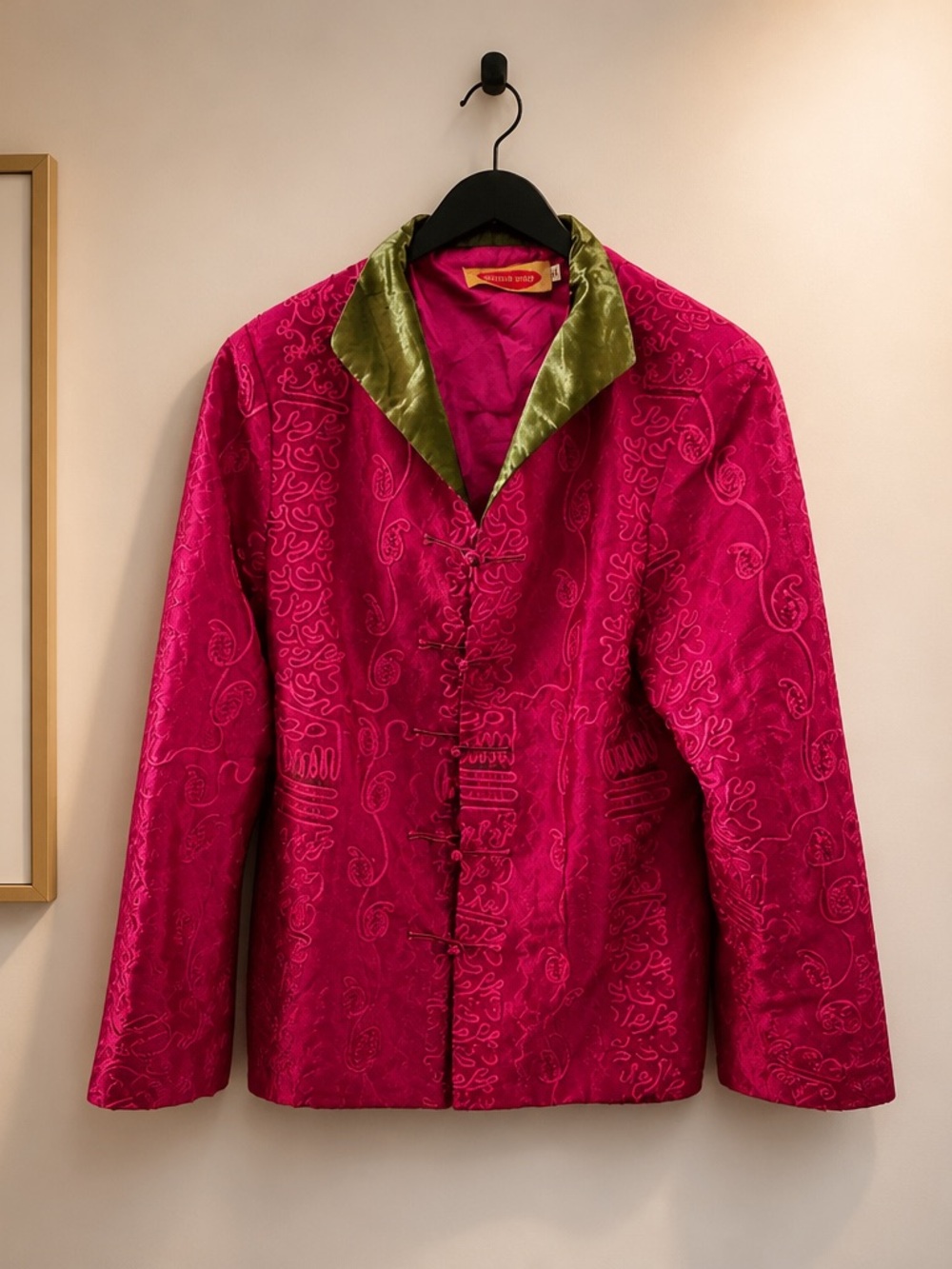 Fuchsia Embroidered Satin Jacket with Olive Velvet Collar
